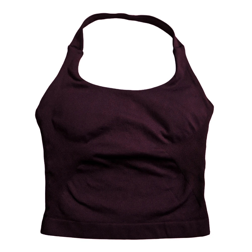 Strappy Workout Tank Top Padded Sports Bra Backless Yoga Shirts Seamless Gym Crop Top Halter