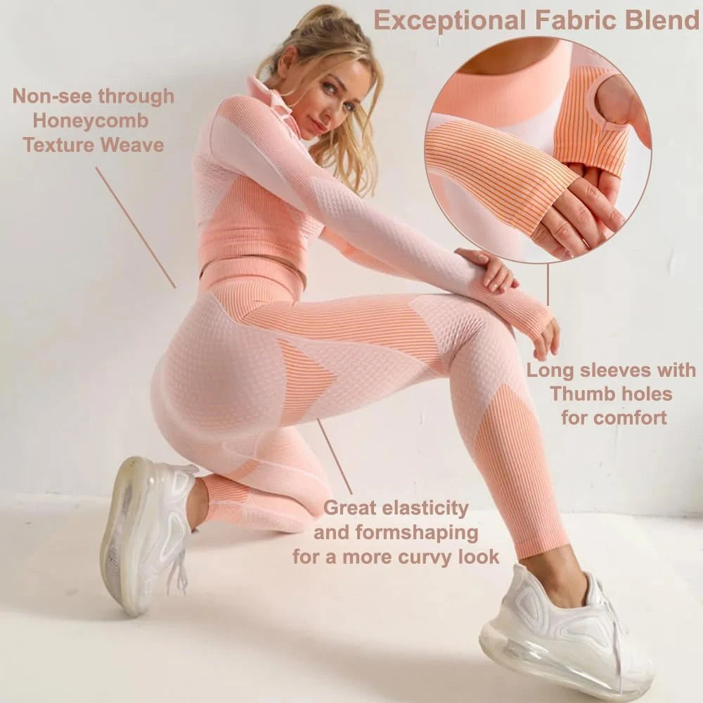 3PC Seamless Gym Clothing Workout Outfit with Jacket Bra & Leggings Set Yoga Suit for Sports Fitness