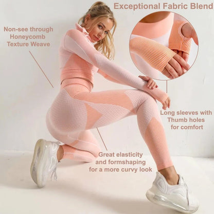 3PC Seamless Gym Clothing Workout Outfit with Jacket Bra & Leggings Set Yoga Suit for Sports Fitness