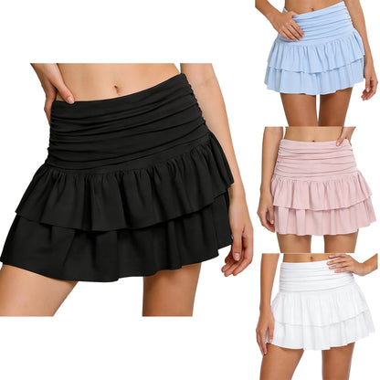 Athletic Tennis Miniskirt Built-in Shorts Ruched Waist Tiered Pleated Hem Stretchy Skirt Y2K Flared Flowy Short Skirts