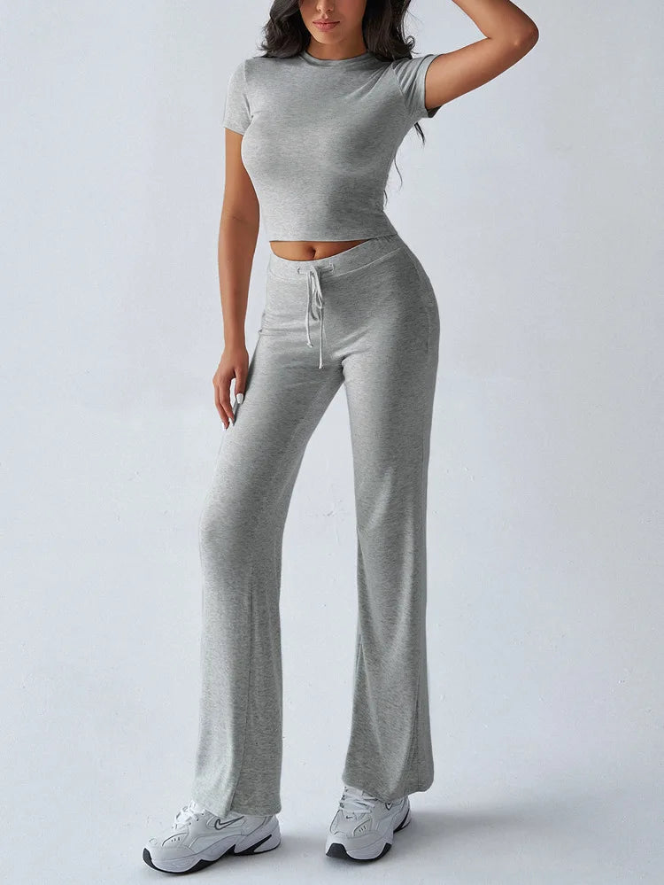 Women's Casual Lounge Set - Short Sleeve Top & Pants Two Piece, Home Wear Yoga Outfit