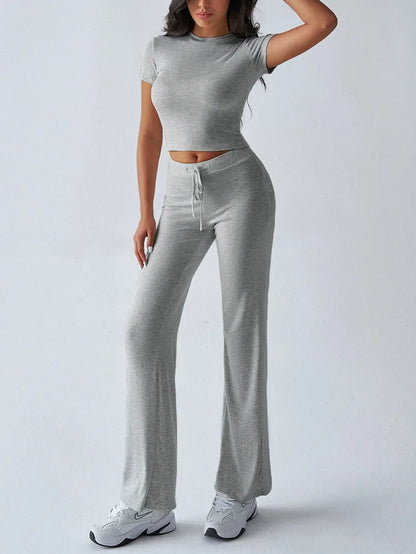 Women's Casual Lounge Set - Short Sleeve Top & Pants Two Piece, Home Wear Yoga Outfit