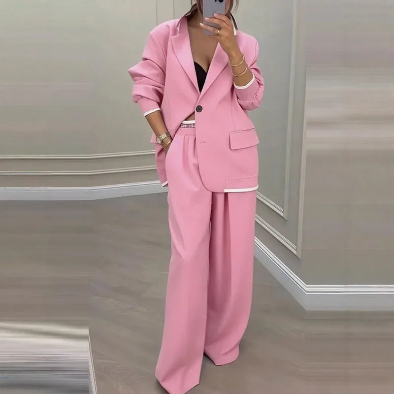 Casual Women's Suit Set  Sexy Turn down Collar Button Blazer & Straight-leg Pants Set Winter Solid Long Sleeve Chic Outfit