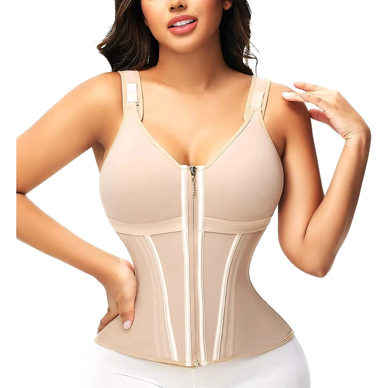 Double Compression Vest Bra Waist Trainer Corset with 17 Steel Bone Flat Belly Strap Slim Body Shaper