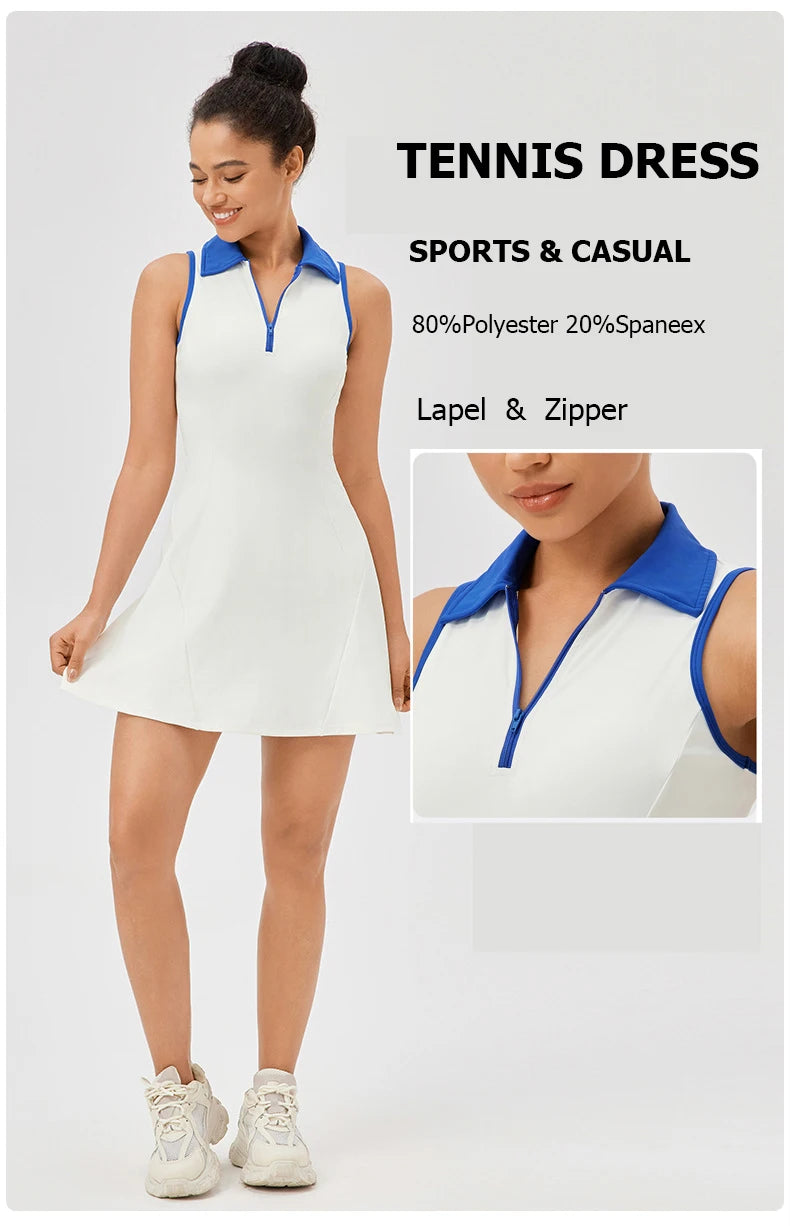 Tennis Dress Solid Color Lapel Slim Fit Running Skirt Breathable Quick Dry Golf Dress Yoga Wear