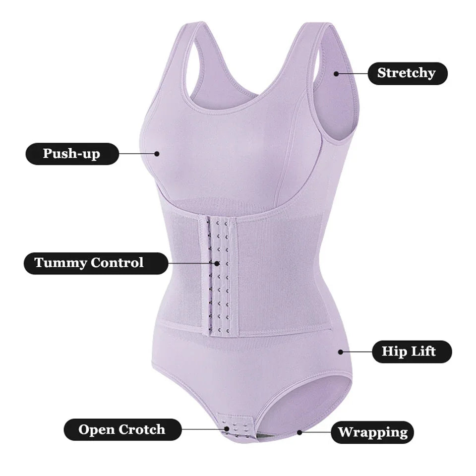 Bodysuit Shapewear with Zipper Belt Women Tummy Control Body Shaper Waist Trainer Slimming Cincher Corset Tops