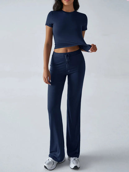 Women's Casual Lounge Set - Short Sleeve Top & Pants Two Piece, Home Wear Yoga Outfit