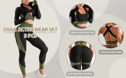 3PC Seamless Gym Clothing Workout Outfit with Jacket Bra & Leggings Set Yoga Suit for Sports Fitness