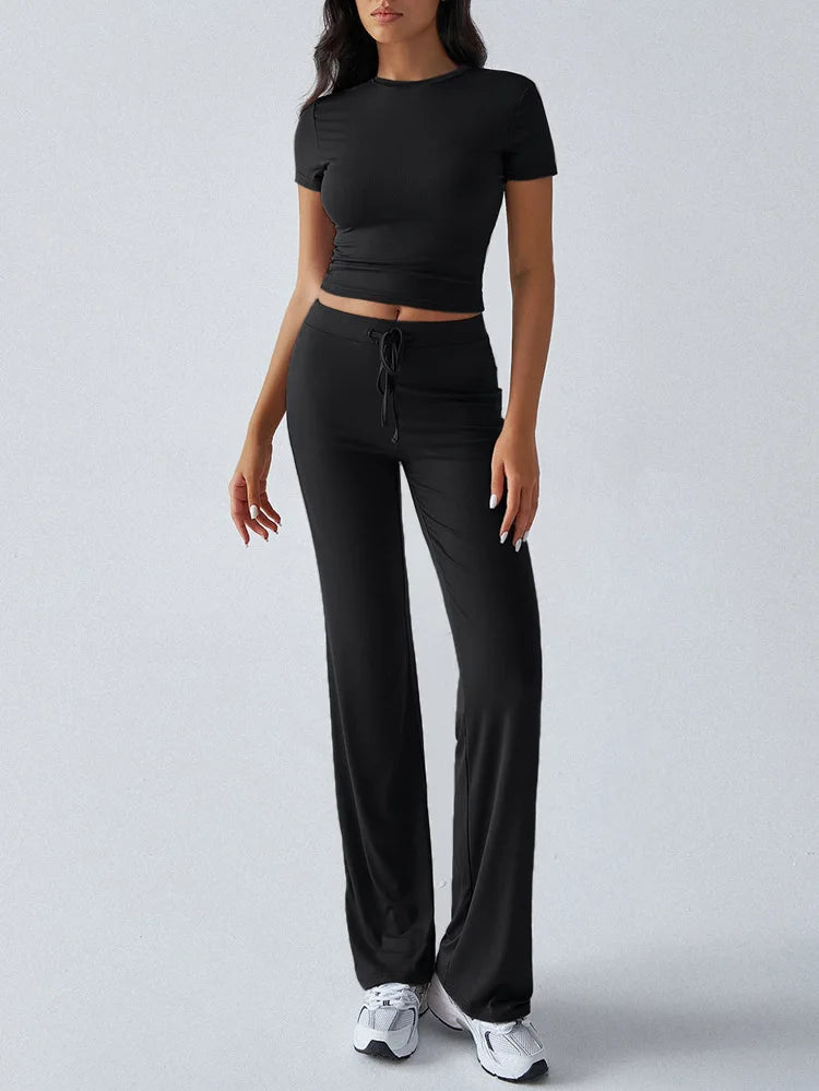 Women's Casual Lounge Set - Short Sleeve Top & Pants Two Piece, Home Wear Yoga Outfit