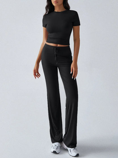 Women's Casual Lounge Set - Short Sleeve Top & Pants Two Piece, Home Wear Yoga Outfit