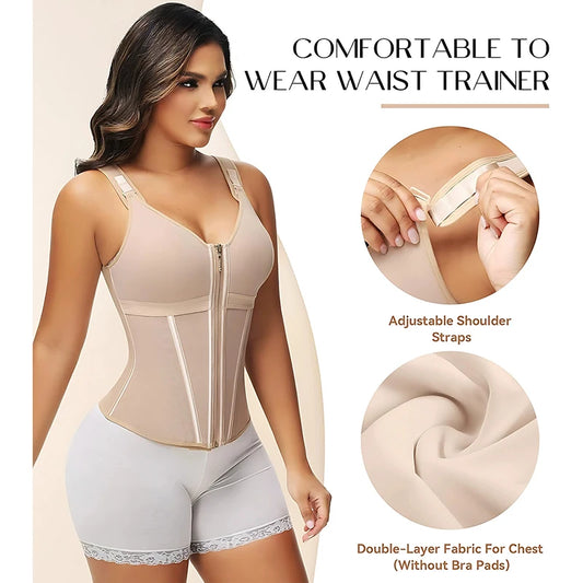Double Compression Vest Bra Waist Trainer Corset with 17 Steel Bone Flat Belly Strap Slim Body Shaper