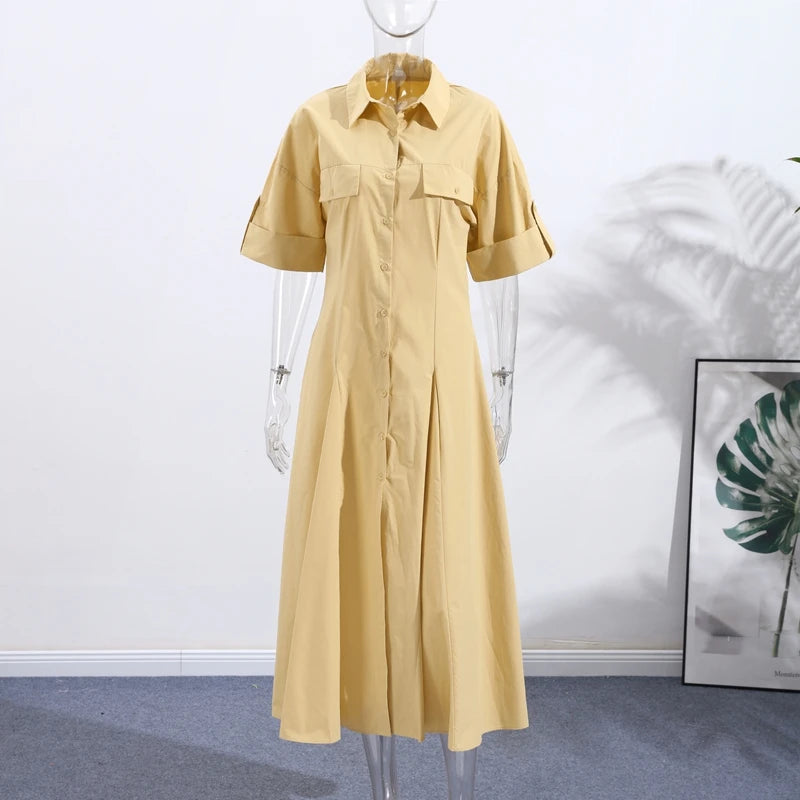 Casual Striped Women Summer Dress Lapel Single Breast Half Sleeve Slim Waist Long Dresses 2026 Autumn Lady Fashion Vacation Robe