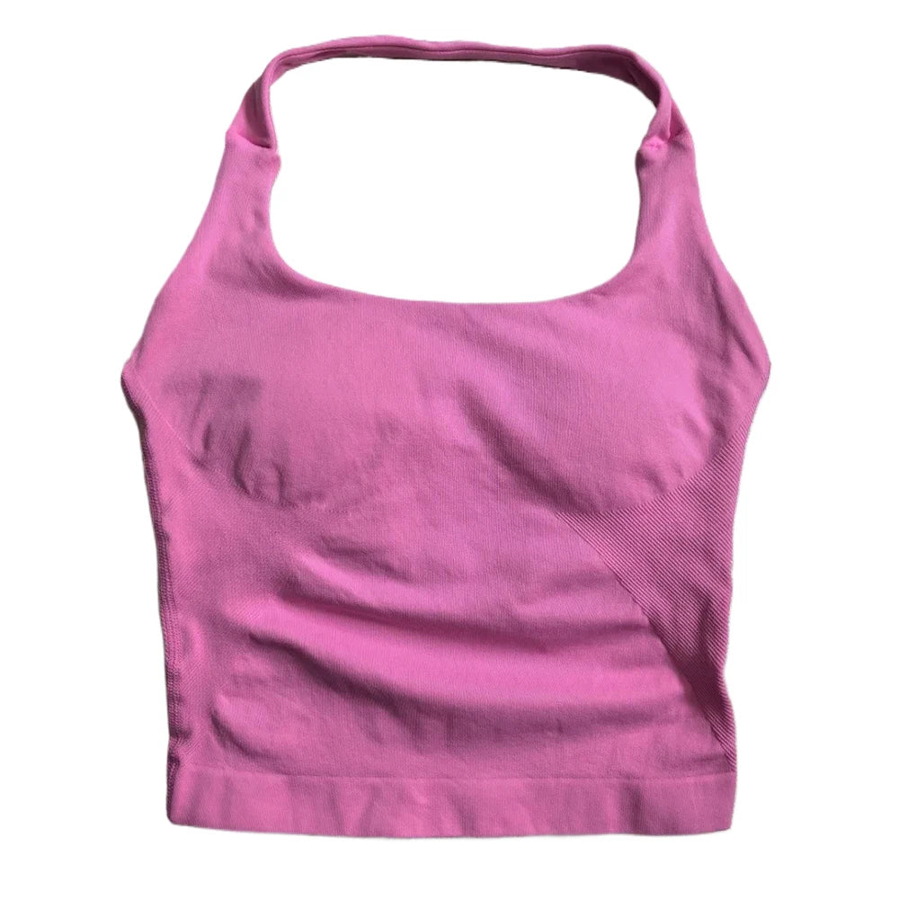 Strappy Workout Tank Top Padded Sports Bra Backless Yoga Shirts Seamless Gym Crop Top Halter