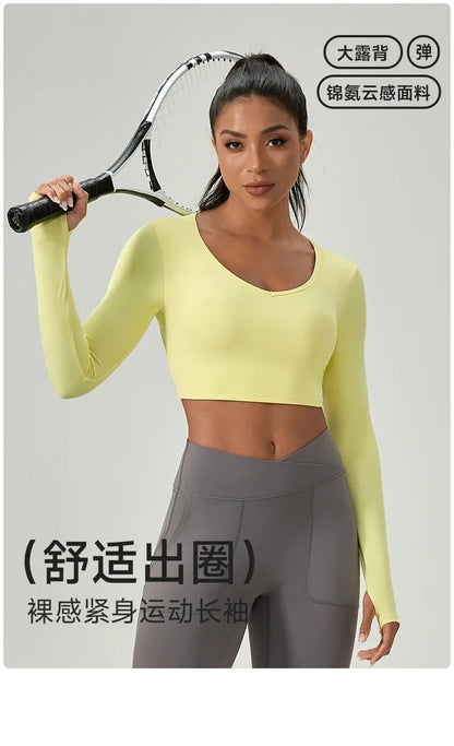 Yoga Wear Tight Long-sleeved Shirt with Chest Pads Crossed Beautiful Back Sports Top Quick-drying  Fitness Wear
