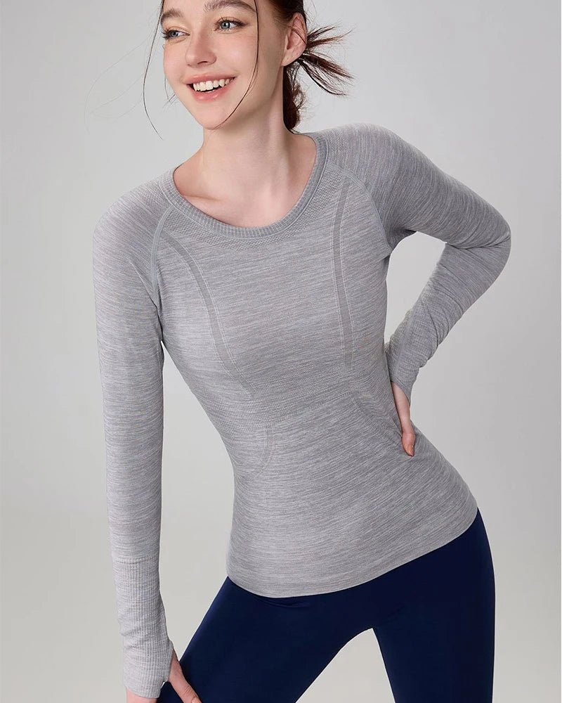 Yoga Clothes Sports Tops, Round Neck,, Seamless, Slim, Fitness Workout Long Sleeves Gym T shirt,