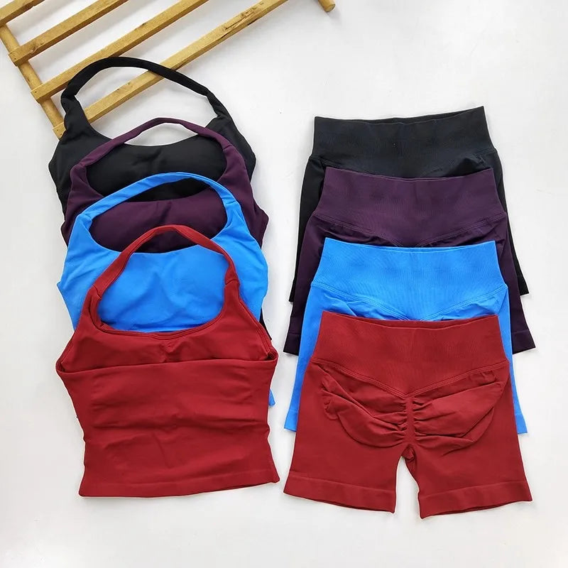 Yoga 2 Pieces Gym Set Backless Halter Tops High Waist Seamless Fitness Sports Bras Sportswear Workout Sets