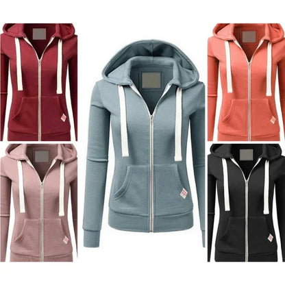 Autumn/Winter New Comfortable Women's Personalized Fashion Sports Hoodie Long Sleeve Drawstring Pocket Zipper Coat
