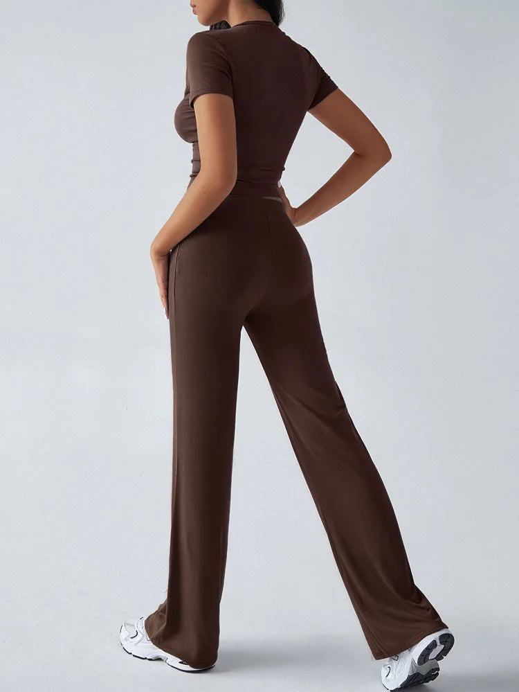 Women's Casual Lounge Set - Short Sleeve Top & Pants Two Piece, Home Wear Yoga Outfit