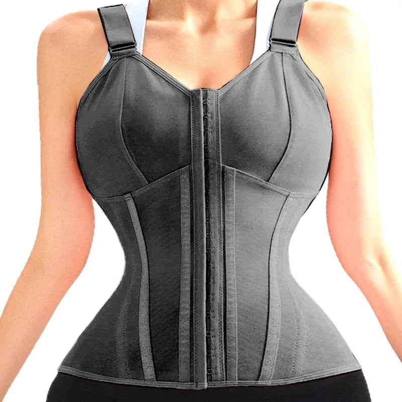 Double Compression Vest Bra Waist Trainer Corset with 17 Steel Bone Flat Belly Strap Slim Body Shaper