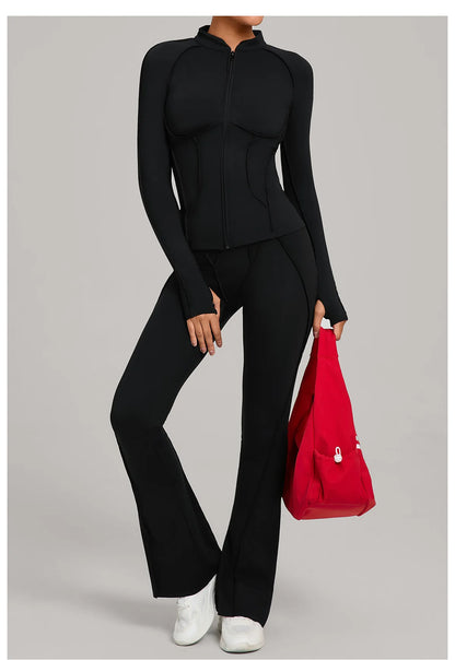 Gym Yoga Outfit Zipper Long Sleeve Fitness Suit Daily Casual Fitness Sportswear Two-Piece Sets