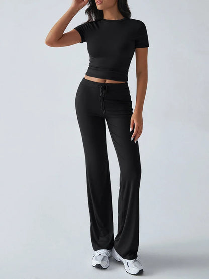 Women's Casual Lounge Set - Short Sleeve Top & Pants Two Piece, Home Wear Yoga Outfit