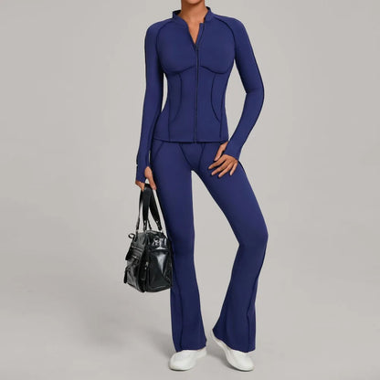 Gym Yoga Outfit Zipper Long Sleeve Fitness Suit Daily Casual Fitness Sportswear Two-Piece Sets