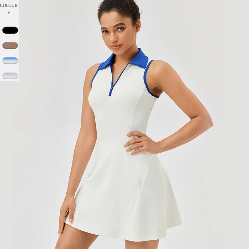Tennis Dress Solid Color Lapel Slim Fit Running Skirt Breathable Quick Dry Golf Dress Yoga Wear
