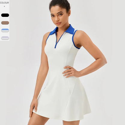Tennis Dress Solid Color Lapel Slim Fit Running Skirt Breathable Quick Dry Golf Dress Yoga Wear