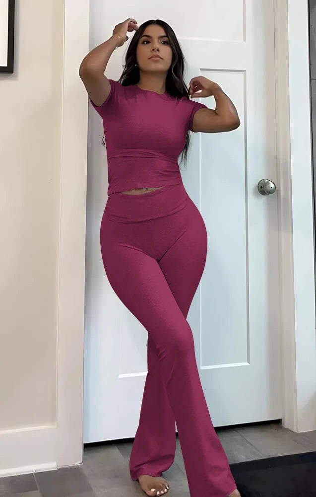 Casual Workout Two Piece Outfits Short Sleeve Crop High Waist Foldover Flare Pants Streetwear