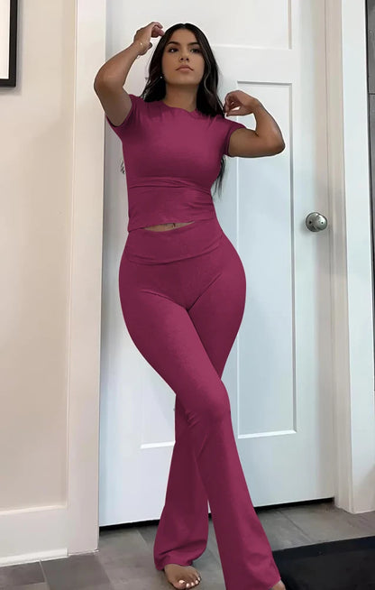 Casual Workout Two Piece Outfits Short Sleeve Crop High Waist Foldover Flare Pants Streetwear