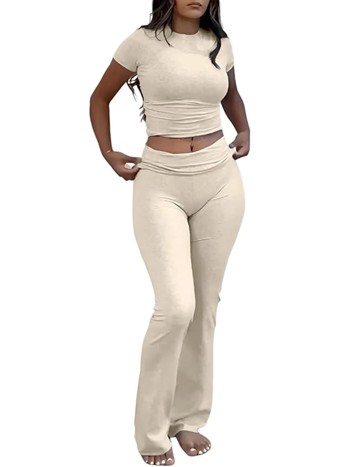 Casual Workout Two Piece Outfits Short Sleeve Crop High Waist Foldover Flare Pants Streetwear