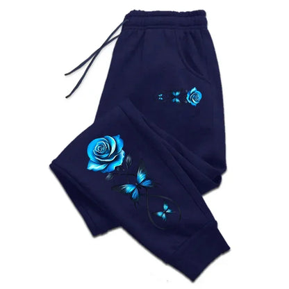 Casual High Quality Outdoors Sweatpants Printed Rose Elastic Band Trousers Drawstring Sports Clothing