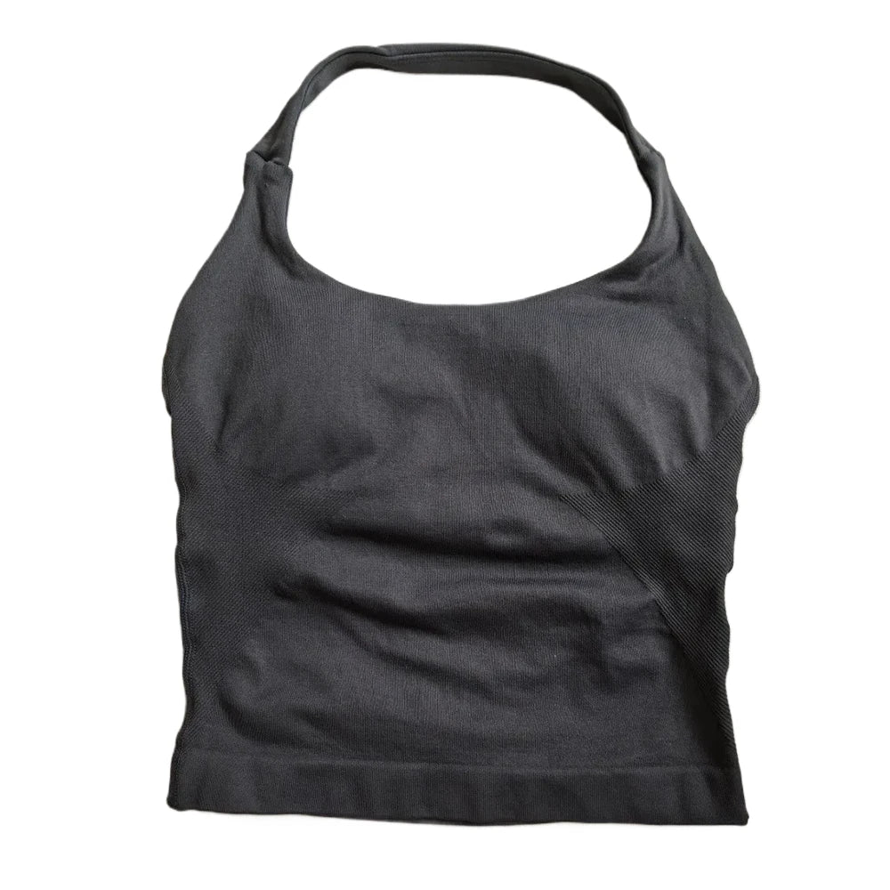 Strappy Workout Tank Top Padded Sports Bra Backless Yoga Shirts Seamless Gym Crop Top Halter