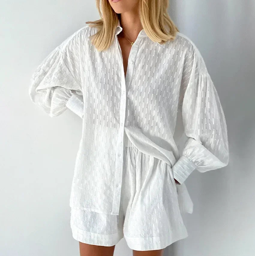 Casual Loose Women Short Two Piece Set Suit Fashion Blouse Long Sleeve Shirt Lady Simple Style Shorts Streetwear Blouse Tops