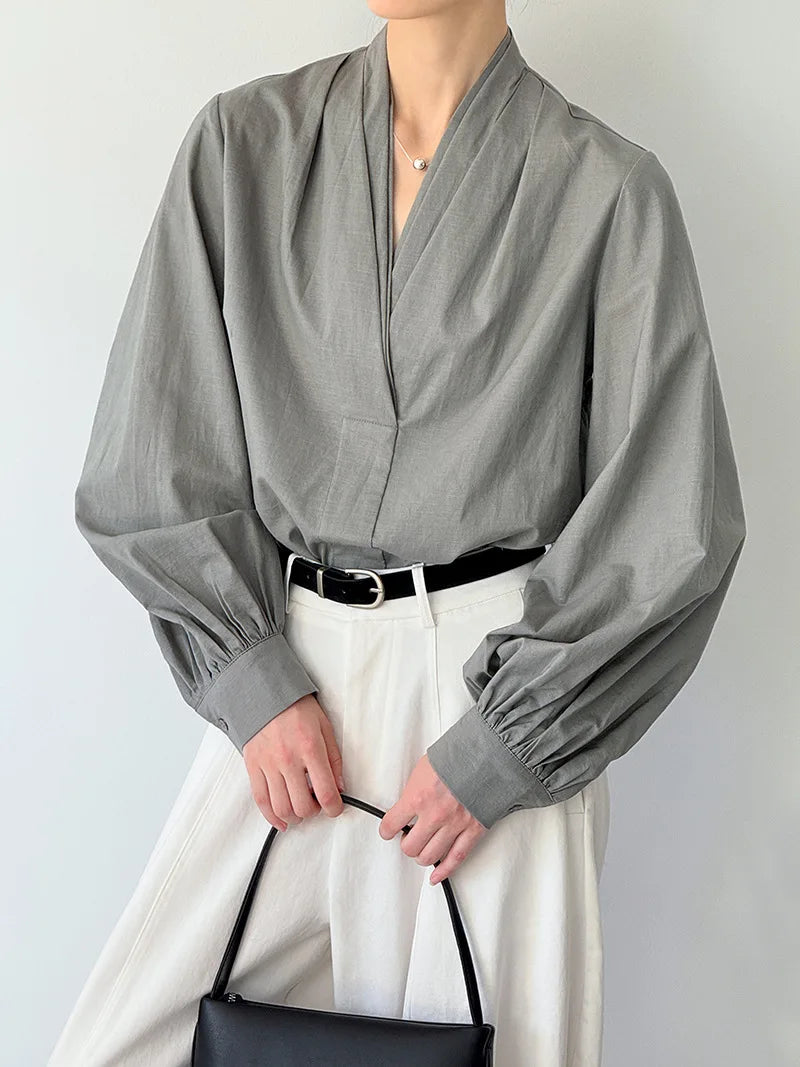 Women Casual Blouses V-Neck Puff Sleeve Office Blouses Fashion Shirts