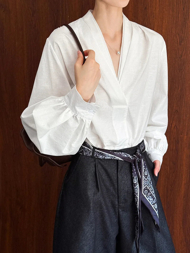 Women Casual Blouses V-Neck Puff Sleeve Office Blouses Fashion Shirts