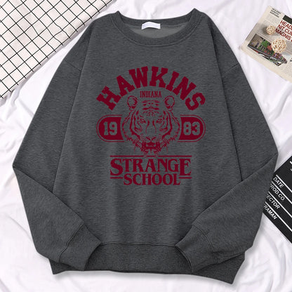 Casual Womens Sweatshirt Hawkins High School Indiana 1983 Printing Hoodies Loose Crewneck Pullovers Warm Fleece