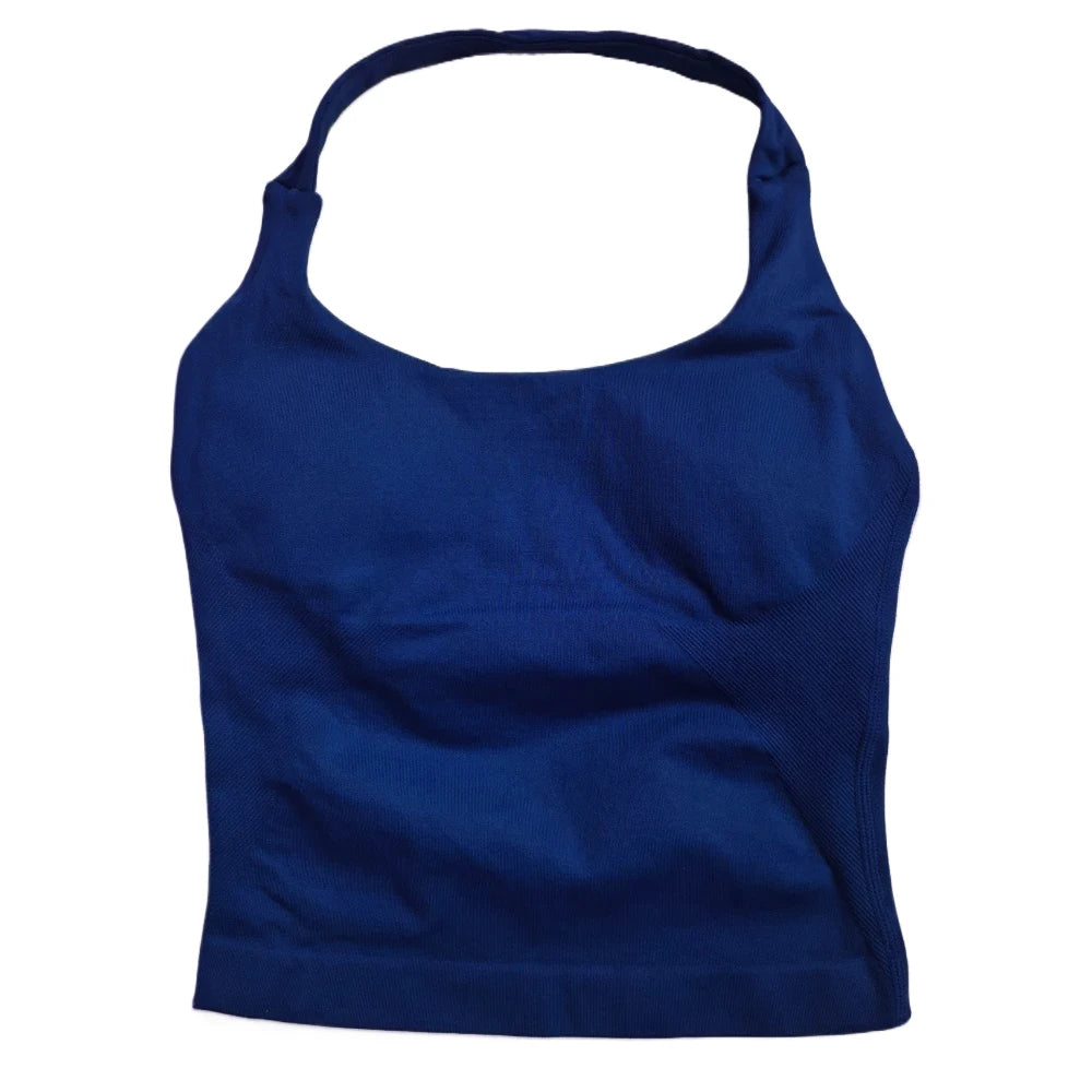 Strappy Workout Tank Top Padded Sports Bra Backless Yoga Shirts Seamless Gym Crop Top Halter