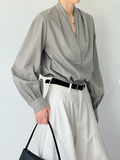 Women Casual Blouses V-Neck Puff Sleeve Office Blouses Fashion Shirts