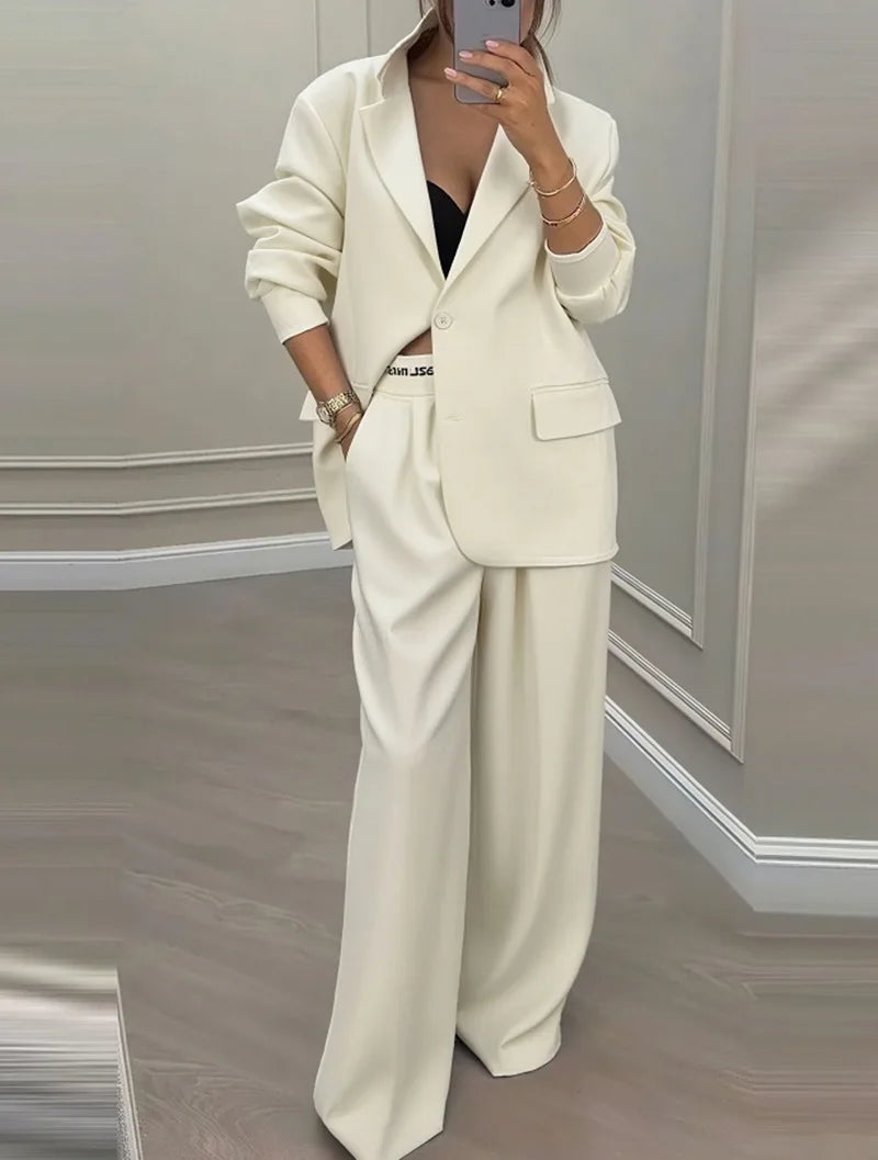Casual Women's Suit Set  Sexy Turn down Collar Button Blazer & Straight-leg Pants Set Winter Solid Long Sleeve Chic Outfit