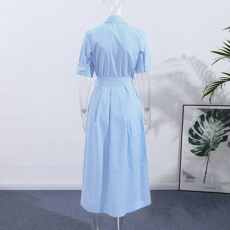 Casual Striped Women Summer Dress Lapel Single Breast Half Sleeve Slim Waist Long Dresses 2026 Autumn Lady Fashion Vacation Robe