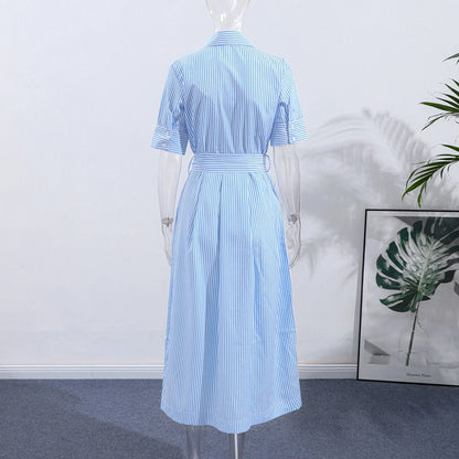 Casual Striped Women Summer Dress Lapel Single Breast Half Sleeve Slim Waist Long Dresses 2026 Autumn Lady Fashion Vacation Robe