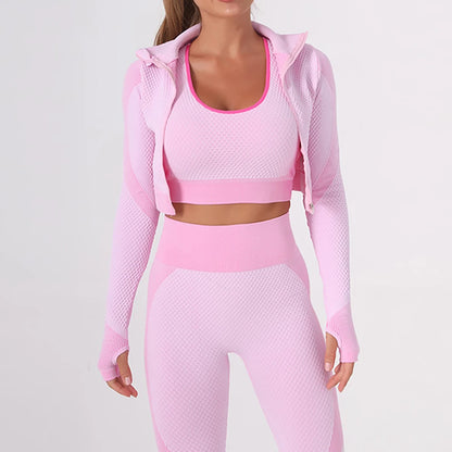 3PC Seamless Gym Clothing Workout Outfit with Jacket Bra & Leggings Set Yoga Suit for Sports Fitness