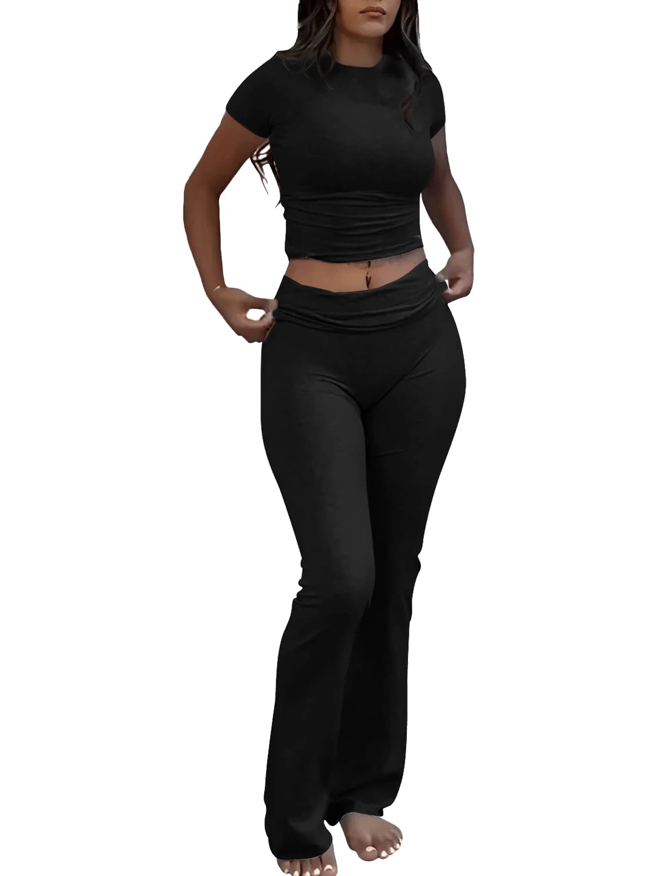 Casual Workout Two Piece Outfits Short Sleeve Crop High Waist Foldover Flare Pants Streetwear