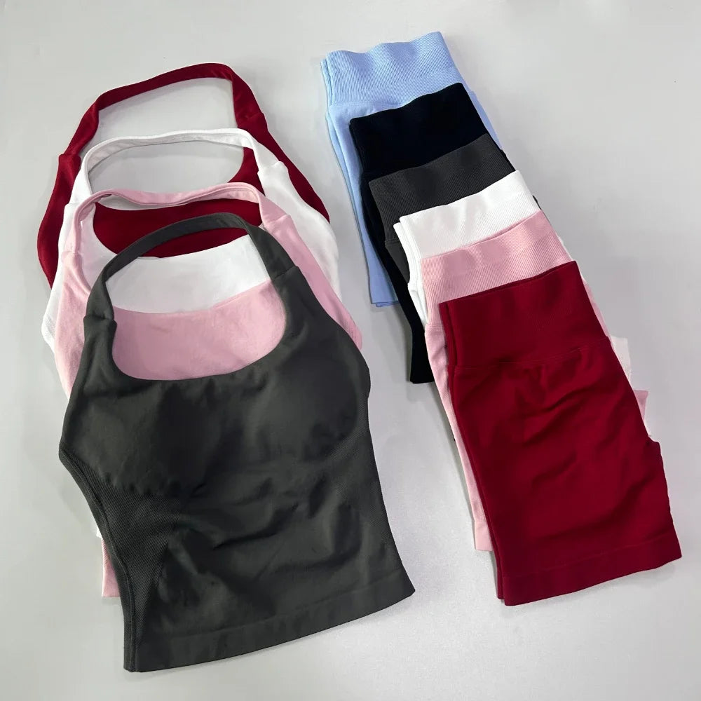 Yoga 2 Pieces Gym Set Backless Halter Tops High Waist Seamless Fitness Sports Bras Sportswear Workout Sets