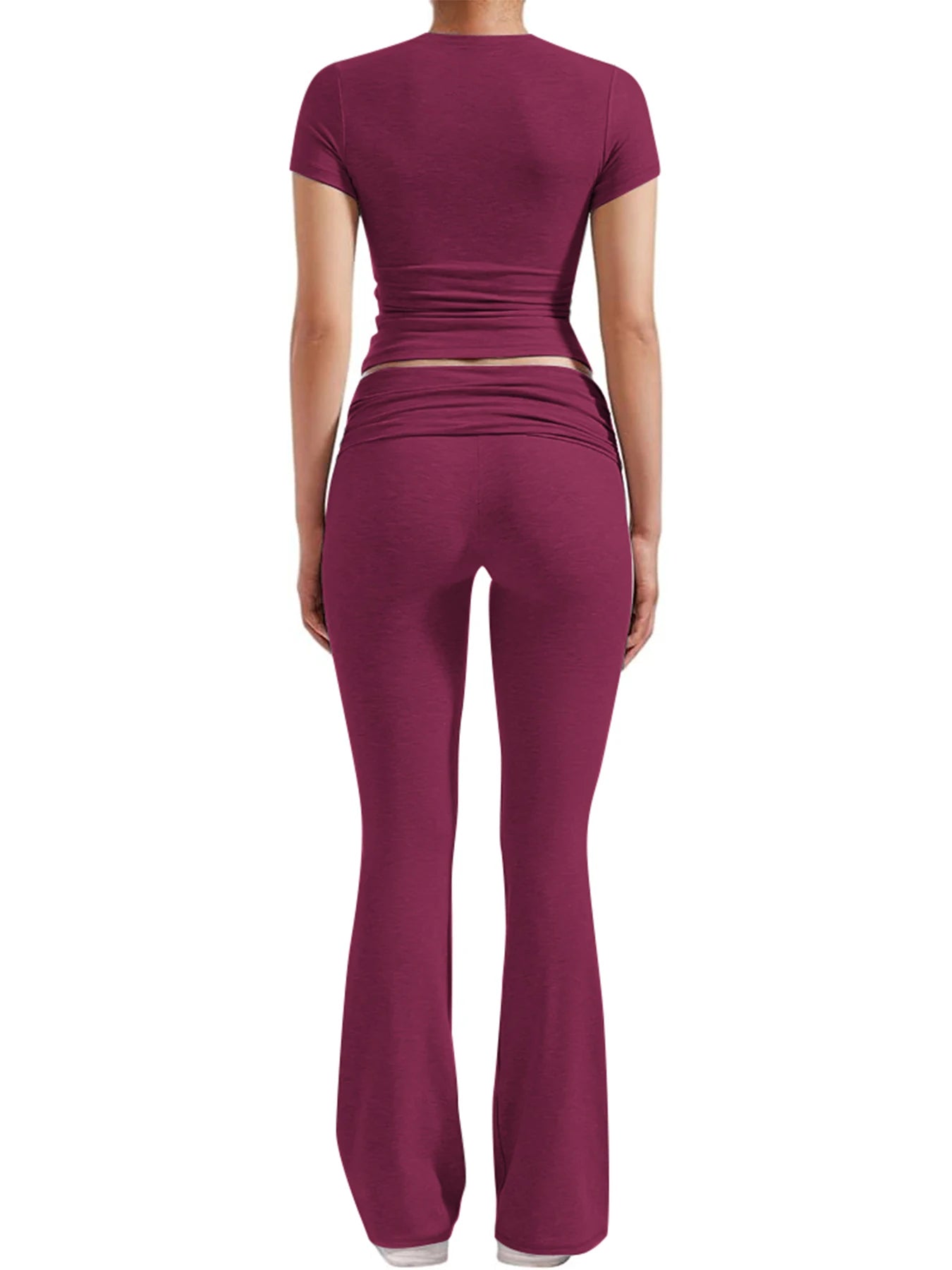 Casual Workout Two Piece Outfits Short Sleeve Crop High Waist Foldover Flare Pants Streetwear