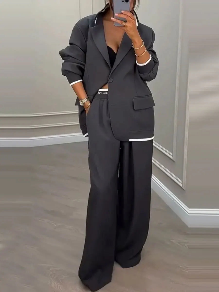 Casual Women's Suit Set  Sexy Turn down Collar Button Blazer & Straight-leg Pants Set Winter Solid Long Sleeve Chic Outfit