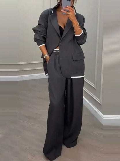 Casual Women's Suit Set  Sexy Turn down Collar Button Blazer & Straight-leg Pants Set Winter Solid Long Sleeve Chic Outfit