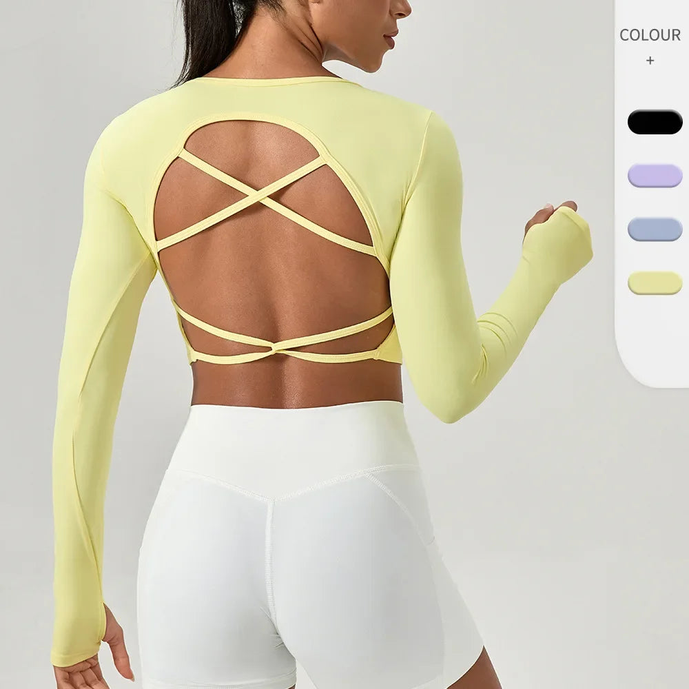 Yoga Wear Tight Long-sleeved Shirt with Chest Pads Crossed Beautiful Back Sports Top Quick-drying  Fitness Wear