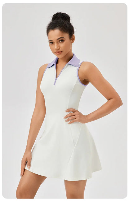 Tennis Dress Solid Color Lapel Slim Fit Running Skirt Breathable Quick Dry Golf Dress Yoga Wear